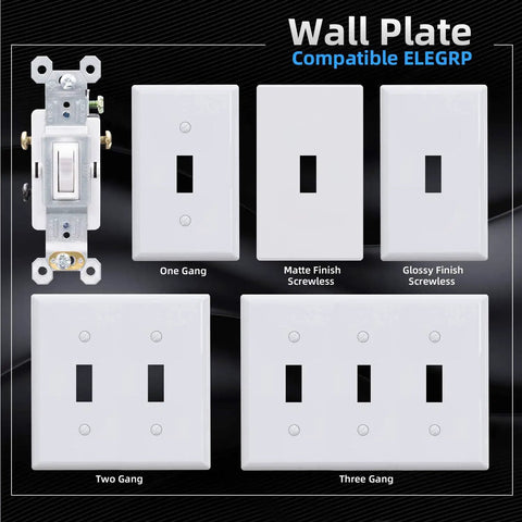 Wall plates compatible with Three Way Toggle Light Switch 15 Amp 120 Volt In Wall Quiet Framed Glossy White UL Listed. One, two, and three gang options shown.