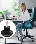 Straight Up Chair Wheel Stoppers 5 Pack Bell Glide Casters For Office And Gaming Desk shown in use with a woman at a desk.