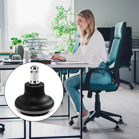 Straight Up Chair Wheel Stoppers 5 Pack Bell Glide Casters For Office And Gaming Desk shown in use with a woman at a desk.