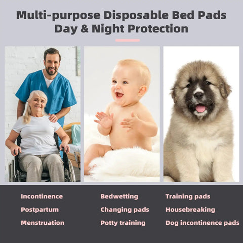 Top Shelf Heavy Duty Disposable Underpads For Adults And Pets, Super Absorbent Bed Pads 40 X 60 Inches, 40 Pack Chux Style showcasing various uses.