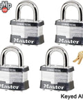 Four Pack 2 Inch Wide Padlocks With 1 Inch Shackle Keyed Alike, Eight Keys Included, Bump Stop Technology displayed"