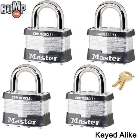 Four Pack 2 Inch Wide Padlocks With 1 Inch Shackle Keyed Alike, Eight Keys Included, Bump Stop Technology displayed"
