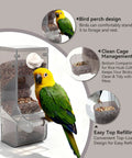 Tough As Nails No Mess Bird Cage Feeder Crack Resistant Seed Catcher with bird perched, clear design for easy refilling.
