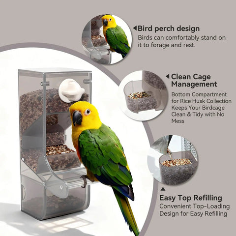 Tough As Nails No Mess Bird Cage Feeder Crack Resistant Seed Catcher with bird perched, clear design for easy refilling.