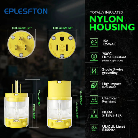 Lighted Extension Cord Ends Replacement Plug 15A 125V NEMA 5-15P To 5-15R Male And Female UL Listed Power Connector With Lit LED Indicator 3 Prong Yellow, nylon housing