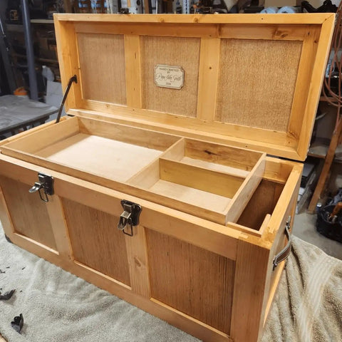 Two Pack Left Side Lid Support Hinges For Wood Boxes And Cabinets, installed on an open wooden chest, showcasing interior compartments.