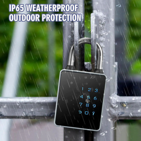Smart Padlock With Keyless Entry And Bluetooth Keypad Water Resistant For Indoor And Outdoor Use on gate in rain