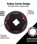 Radius corner design of One Half Inch Drive Deep Reach Impact Socket One And Five Eighths Inch Size Heavy Duty CRMO Steel.