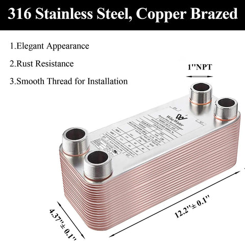 4 Inch By 12 Inch 20 Plate Water To Water Heat Exchanger With Copper And 316L Stainless Brazed Plates For Floor Heating, Water Heating, Snow Melting, Rugged Built To Last, High Temperature And Pressure Ready