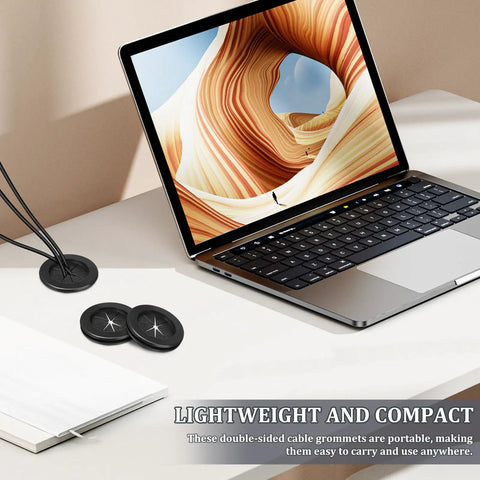 Six Pack Rubber Wire Grommet Kit With Dual Sided Design For Wear Resistant Organized Cable Management And Easy Desk Hole Covers For Home Office Wire Protection And Cord Management. Compact black rubber desk grommets for two cables on a laptop desk