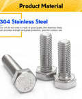 Close-up of 304 stainless steel hex bolts, showcasing threading and hex head, from 20 Pack 1/4-20 By 2 Inch Hex Head Bolts Forged From Top Shelf 304 Stainless Steel For Outdoor Jobs And Heavy Duty Fastening That Stays Rock Solid Without Any Rusty Issues Down The Line.