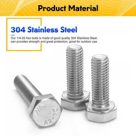 Close-up of 304 stainless steel hex bolts, showcasing threading and hex head, from 20 Pack 1/4-20 By 2 Inch Hex Head Bolts Forged From Top Shelf 304 Stainless Steel For Outdoor Jobs And Heavy Duty Fastening That Stays Rock Solid Without Any Rusty Issues Down The Line.