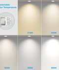 5 selectable color temperatures of 4 Pack LED Downlights With Junction Box 6 Inch Recessed Ceiling Lights 14W Dimmable 100W Equivalent 1000 Lumen Warm White 3000K For General Lighting shown on walls from 2700K to 5000K