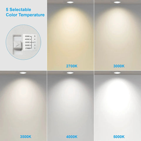 5 selectable color temperatures of 4 Pack LED Downlights With Junction Box 6 Inch Recessed Ceiling Lights 14W Dimmable 100W Equivalent 1000 Lumen Warm White 3000K For General Lighting shown on walls from 2700K to 5000K