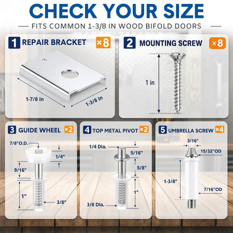 Size chart details for 8 Pack Bifold Closet Door Repair Kit DIY Friendly With Metal Pivot Brackets And Spring Pivots For 1-3/8 Inch Wood Folding Doors Includes Screws For Top Or Bottom Replacement And Durable Hardware Reinforcement.