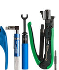 Coax Cable Network Kit With Pro Grade Stripper For RG59 RG6 RG7 RG11 And F Connector Compression Tool Set Including CTF 300 UST 125 TWAF 71630 And PT 300 Pocket Continuity Tester with tools displayed.