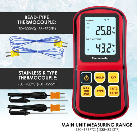 Red handheld dual-channel thermocouple thermometer with large LCD display and four K-type probes