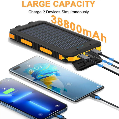 Rugged 38800mAh Solar Power Bank with Type C Output charging three devices simultaneously for camping and travel needs.
