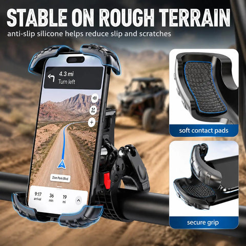 Heavy Duty UTV Phone Mount Designed For Gator Xuv845r Models, showing secure anti-slip silicone grip on rough terrain.