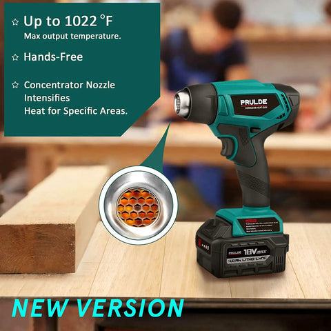 Cordless Heat Gun 20V Max With 4.0Ah Battery And Fast Charger, Portable hot air gun, on a workbench with temperature detail inset.