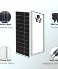Kickass 200 Watt Solar Panel Starter Kit For 12V And 24V Systems Boasts Top Tier Perc Monocrystalline Cells showing rugged frame, IP65 junction box, and waterproof connectors.