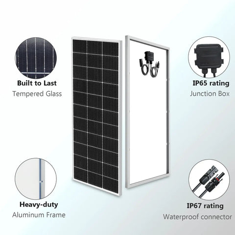 Kickass 200 Watt Solar Panel Starter Kit For 12V And 24V Systems Boasts Top Tier Perc Monocrystalline Cells showing rugged frame, IP65 junction box, and waterproof connectors.