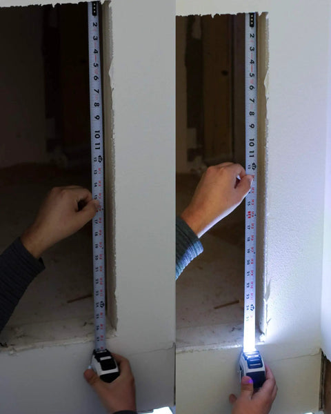 Rechargeable LED Light Tape Measure 25ft 1 Inch Tape With Slimline Case Nylon Coated Blade in use on drywall cutout