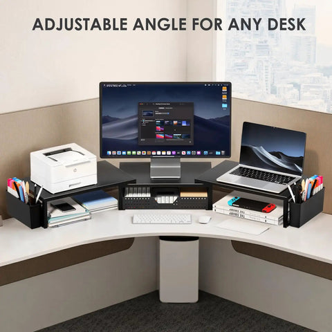 Dual Monitor Stand Riser With Drawer And Pen Holders, Metal Desk Organizer for Office or Home Office, Keeps Your Desk Clean
