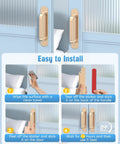 Installation guide for 5.7 Inch Self Adhesive Cabinet Handle Stick On Aluminum Barn Door Pull for Closet Kitchen Cupboard Drawer Window Glass Door No Drill Easy Peel And Stick Gold Finish Set Of 2, showing steps on blue cabinet.
