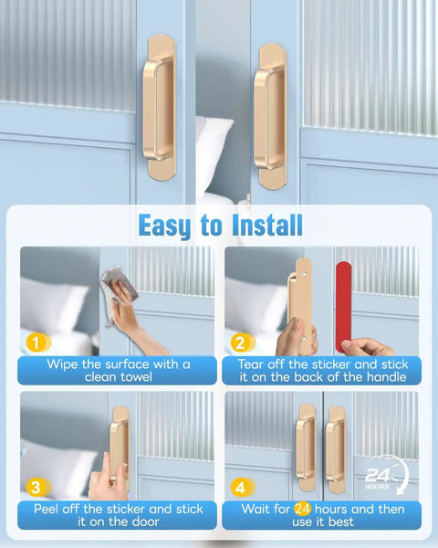Installation guide for 5.7 Inch Self Adhesive Cabinet Handle Stick On Aluminum Barn Door Pull for Closet Kitchen Cupboard Drawer Window Glass Door No Drill Easy Peel And Stick Gold Finish Set Of 2, showing steps on blue cabinet.