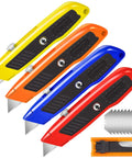 Box Cutter Set 4 Pack Retractable Utility Knives for DIY and Home Use with Ergonomic Grips, Removable Blades, Sharp and Easy Box Opener for Wallpaper, Carpet, Packaging, and Light Construction Projects, colorful handles