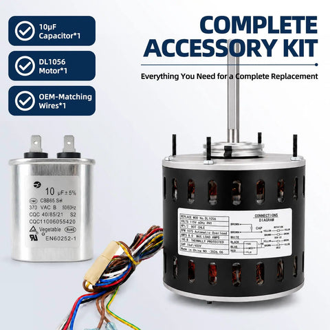 Half HP PSC Blower Motor Replacement, 1075 RPM, 3 Speed, 115V, 48 Frame Direct Drive for Furnace HVAC AC, Reversible CW CCW, Includes 10uF 370V Capacitor and Auto Thermal Protection. Motor, capacitor, and OEM-matching wires shown.