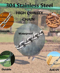 Image collage showcasing a 304 stainless steel chain highlighting features: durable, anti-rust, smooth, and waterproof qualities.