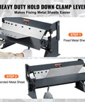 Box And Pan Brake 24 Inch Portable Metal Bender With 0 To 135 Degree Bending Handles shown fixing and bending metal sheets