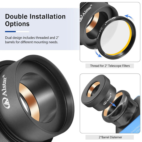 2 Inch To 1.25 Inch Twist Lock Telescope Adapter showing dual installation options with threaded and 2-inch barrels for focusers.