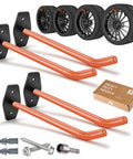 Heavy Duty Garage Hooks 4 Pack Wall Mount Tire Storage System With Anti Slip Coating Holds Up To 88 Lbs shown with tires and mounting kit