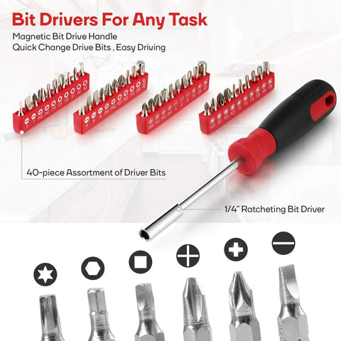 248 Piece Mechanics Tool Set With Sockets And Wrenches, Ultimate Must Have Go To Home And Auto Repair Kit With Durable Storage Case, 40-piece bit drivers, ratcheting screwdriver handle