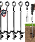 15 Inch Ground Anchors Screw In For Heavy Duty Wind Protection USA brand, four anchors with wide spiral blades and drill use shown