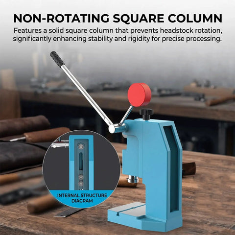 Non-rotating square column of Heavy Duty Workhorse Manual Arbor Press Featuring Rock Solid Lever Design And Red Counterweight Balance Block.