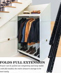 Wardrobe with coats and shoes next to Undermount Heavy Duty Drawer Slides Full Extension 16 Inch Bottom Mount Rails installed.