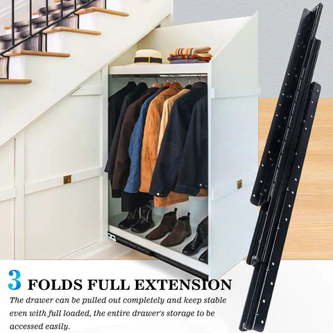 Wardrobe with coats and shoes next to Undermount Heavy Duty Drawer Slides Full Extension 16 Inch Bottom Mount Rails installed.