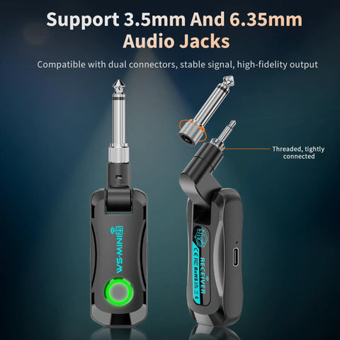 Wireless Guitar System For Electric Guitar And Bass With Rechargeable 2 4GHz Transmitter Receiver showing audio jack sizes