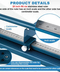 Close-up of Heavy Duty Pro Grade DIN Rail Cutter with built-in 50cm ruler showing centimeter and inch scales.