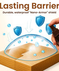 Super Easy Wood Repair Kit For Furniture And Floors No Sanding Scratch Remover That Erases Nicks And Dents In Seconds, demonstrating nano-armor protection spray on wood surface.