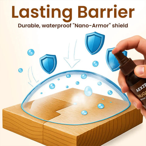 Super Easy Wood Repair Kit For Furniture And Floors No Sanding Scratch Remover That Erases Nicks And Dents In Seconds, demonstrating nano-armor protection spray on wood surface.