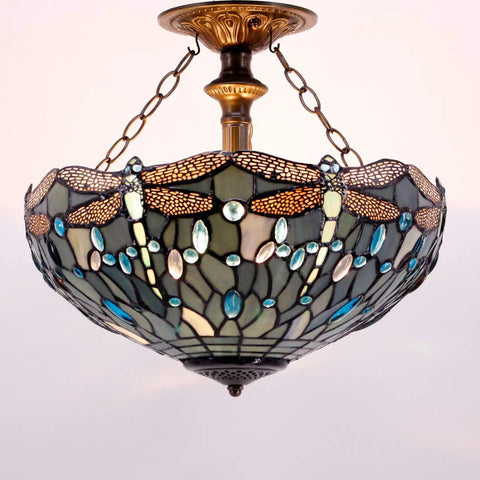 Sea Blue Tiffany Stained Glass Dragonfly Ceiling Light Fixture Lit Look Semi Flush Mount 16 Inch Wide 15 Inch High Antique Green Bronze