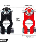 Dimensions of color coded battery terminal clamps with quick release connectors and anti corrosion felt washers for RVs cars trucks boats caravans durable lead construction for strong conductivity and voltage drop includes nuts and screws for easy mounting 1 pair.