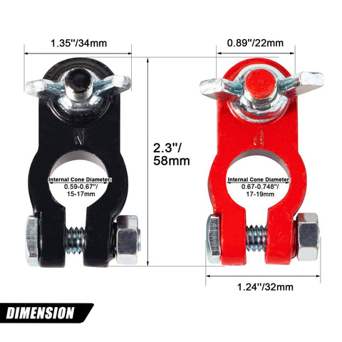 Dimensions of color coded battery terminal clamps with quick release connectors and anti corrosion felt washers for RVs cars trucks boats caravans durable lead construction for strong conductivity and voltage drop includes nuts and screws for easy mounting 1 pair.