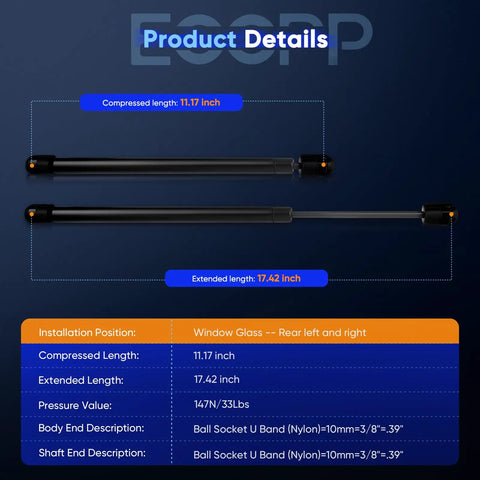 Set Of 2 Beefed Up Heavy Duty Rear Glass Window Lift Supports Struts Gas Spring Shocks For Ford Escape 2008 2009 2010 2011 2012, Mazda Tribute 2008 2009 2010 2011 2012, Mercury Mariner 2009 2010 2011 2012 Replacement with installation dimensions shown.