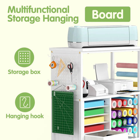 Cricut Compatible Craft Storage Cart With Vinyl Roll Holder And Drawers, ideal for studios and offices, side view.
